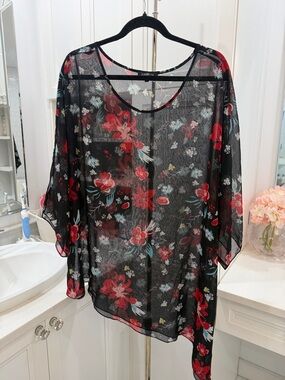 Sheer Black Floral Tunic with Red & Teal Accents